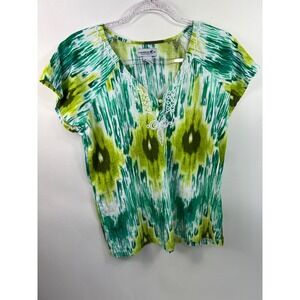 Caribbean‎ Joe Blouse Women's Sz PM Green Dolman Sleeves Drawstring Collar